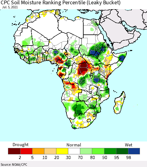 Africa CPC Calculated Soil Moisture Ranking Percentile Thematic Map For 7/1/2021 - 7/5/2021
