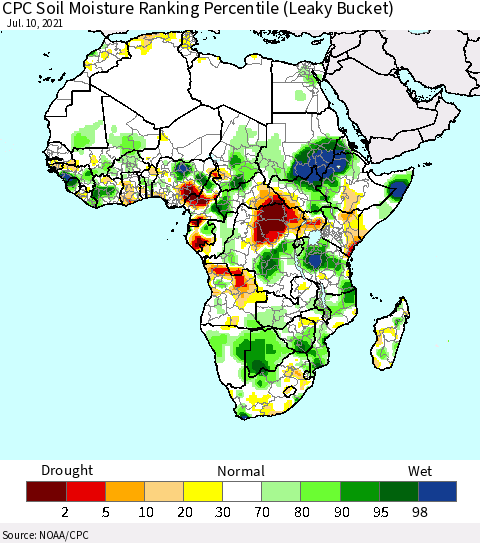 Africa CPC Calculated Soil Moisture Ranking Percentile Thematic Map For 7/6/2021 - 7/10/2021