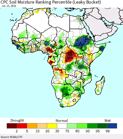 Africa CPC Soil Moisture Ranking Percentile (Leaky Bucket) Thematic Map For 7/11/2021 - 7/15/2021