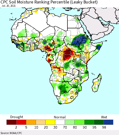 Africa CPC Calculated Soil Moisture Ranking Percentile Thematic Map For 7/16/2021 - 7/20/2021