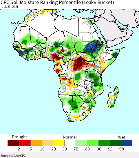 Africa CPC Calculated Soil Moisture Ranking Percentile Thematic Map For 7/26/2021 - 7/31/2021