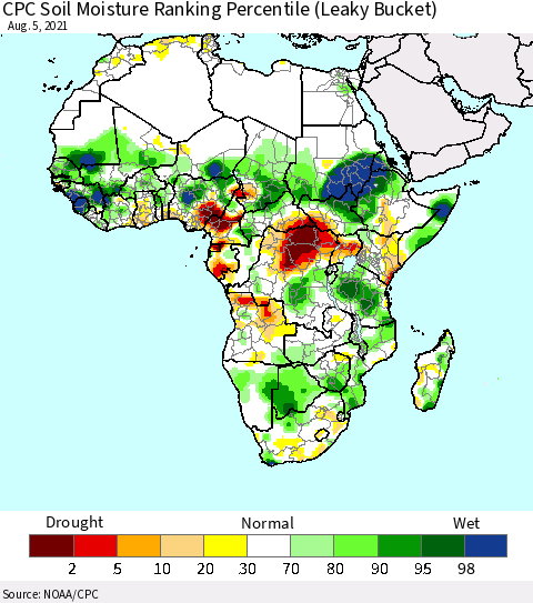 Africa CPC Calculated Soil Moisture Ranking Percentile Thematic Map For 8/1/2021 - 8/5/2021