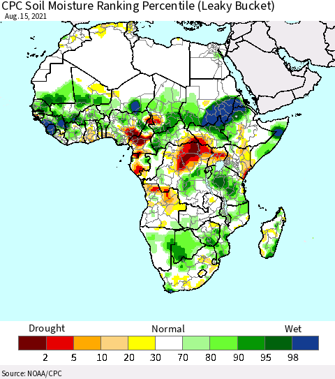 Africa CPC Soil Moisture Ranking Percentile (Leaky Bucket) Thematic Map For 8/11/2021 - 8/15/2021