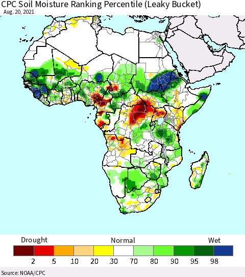Africa CPC Soil Moisture Ranking Percentile (Leaky Bucket) Thematic Map For 8/16/2021 - 8/20/2021