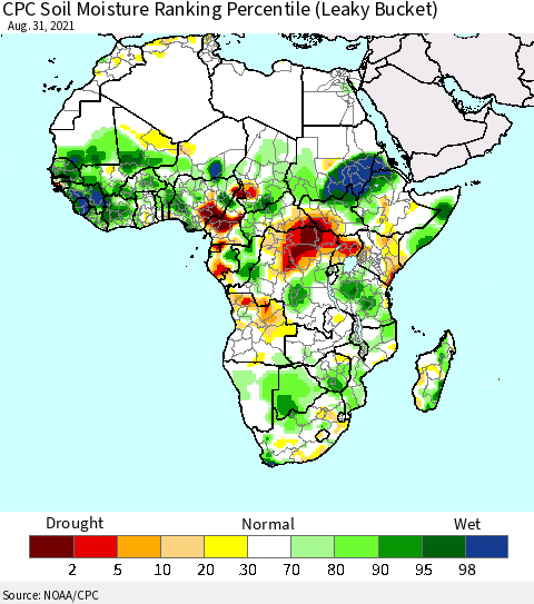 Africa CPC Soil Moisture Ranking Percentile (Leaky Bucket) Thematic Map For 8/26/2021 - 8/31/2021