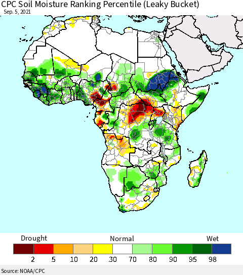 Africa CPC Calculated Soil Moisture Ranking Percentile Thematic Map For 9/1/2021 - 9/5/2021