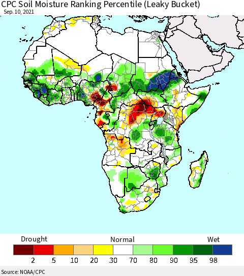 Africa CPC Calculated Soil Moisture Ranking Percentile Thematic Map For 9/6/2021 - 9/10/2021