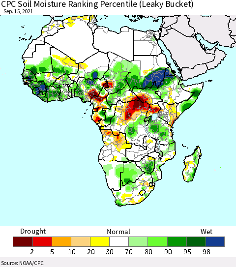 Africa CPC Calculated Soil Moisture Ranking Percentile Thematic Map For 9/11/2021 - 9/15/2021