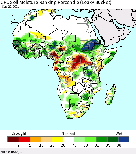 Africa CPC Calculated Soil Moisture Ranking Percentile Thematic Map For 9/16/2021 - 9/20/2021