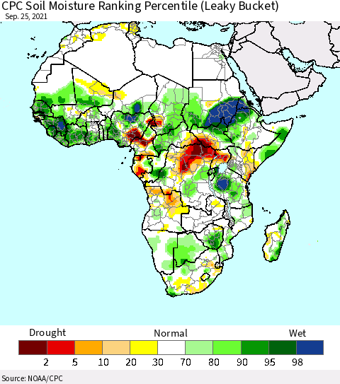 Africa CPC Calculated Soil Moisture Ranking Percentile Thematic Map For 9/21/2021 - 9/25/2021