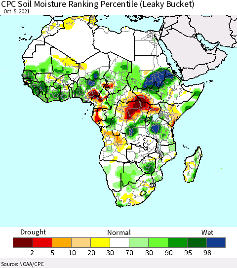 Africa CPC Soil Moisture Ranking Percentile (Leaky Bucket) Thematic Map For 10/1/2021 - 10/5/2021