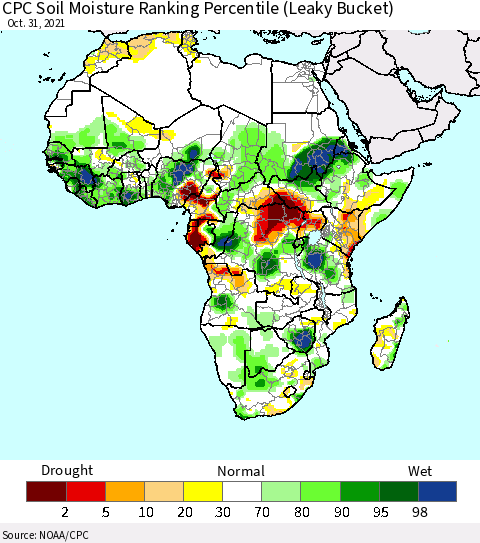 Africa CPC Calculated Soil Moisture Ranking Percentile Thematic Map For 10/26/2021 - 10/31/2021