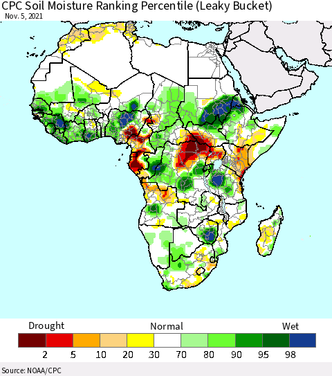 Africa CPC Calculated Soil Moisture Ranking Percentile Thematic Map For 11/1/2021 - 11/5/2021