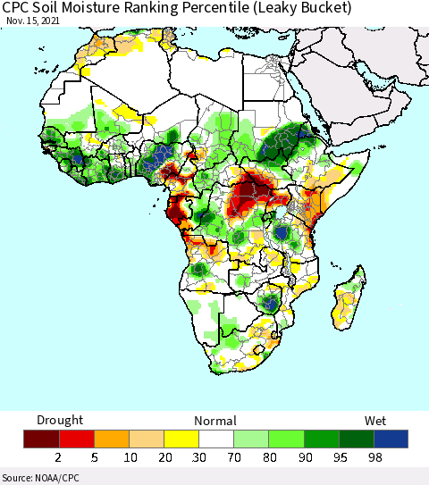 Africa CPC Soil Moisture Ranking Percentile (Leaky Bucket) Thematic Map For 11/11/2021 - 11/15/2021