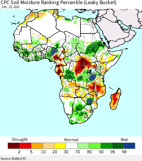Africa CPC Calculated Soil Moisture Ranking Percentile Thematic Map For 12/21/2021 - 12/25/2021