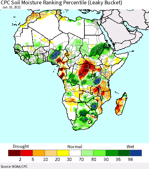 Africa CPC Calculated Soil Moisture Ranking Percentile Thematic Map For 1/6/2022 - 1/10/2022