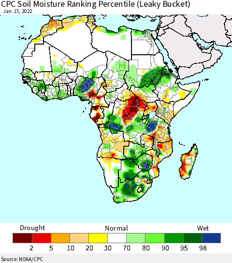 Africa CPC Calculated Soil Moisture Ranking Percentile Thematic Map For 1/11/2022 - 1/15/2022