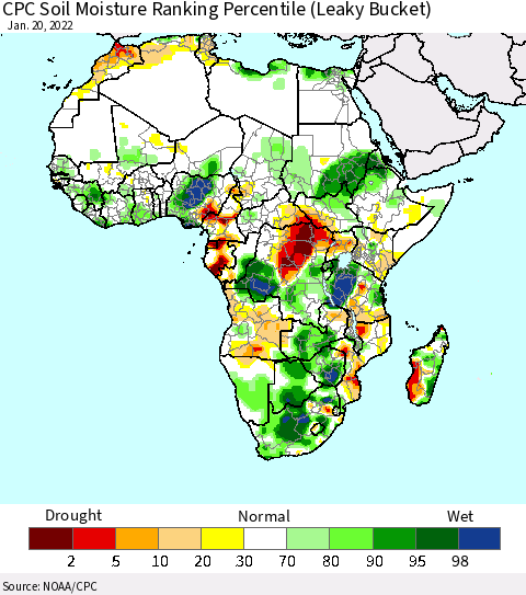Africa CPC Soil Moisture Ranking Percentile (Leaky Bucket) Thematic Map For 1/16/2022 - 1/20/2022