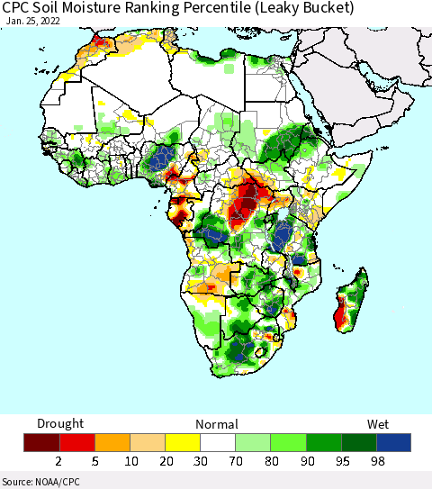 Africa CPC Calculated Soil Moisture Ranking Percentile Thematic Map For 1/21/2022 - 1/25/2022