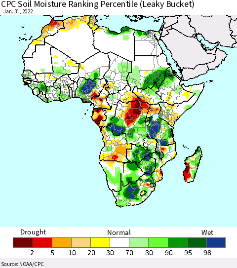 Africa CPC Calculated Soil Moisture Ranking Percentile Thematic Map For 1/26/2022 - 1/31/2022