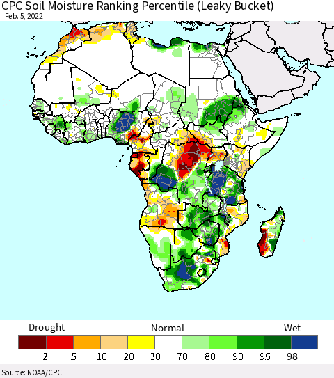 Africa CPC Calculated Soil Moisture Ranking Percentile Thematic Map For 2/1/2022 - 2/5/2022