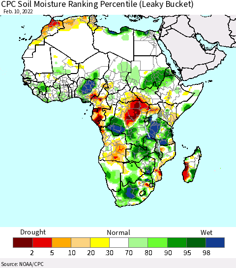 Africa CPC Soil Moisture Ranking Percentile (Leaky Bucket) Thematic Map For 2/6/2022 - 2/10/2022