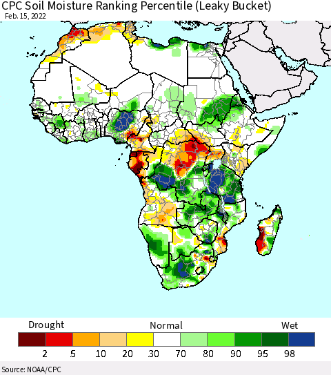 Africa CPC Calculated Soil Moisture Ranking Percentile Thematic Map For 2/11/2022 - 2/15/2022