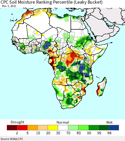 Africa CPC Calculated Soil Moisture Ranking Percentile Thematic Map For 3/1/2022 - 3/5/2022
