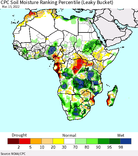 Africa CPC Calculated Soil Moisture Ranking Percentile Thematic Map For 3/11/2022 - 3/15/2022