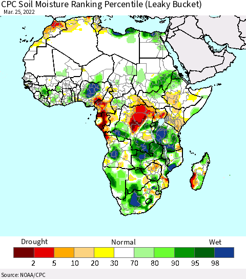 Africa CPC Calculated Soil Moisture Ranking Percentile Thematic Map For 3/21/2022 - 3/25/2022