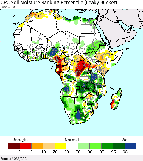 Africa CPC Calculated Soil Moisture Ranking Percentile Thematic Map For 4/1/2022 - 4/5/2022