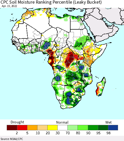 Africa CPC Soil Moisture Ranking Percentile (Leaky Bucket) Thematic Map For 4/11/2022 - 4/15/2022