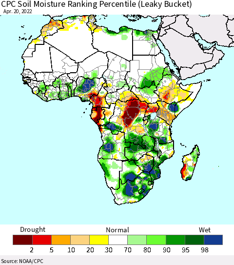 Africa CPC Calculated Soil Moisture Ranking Percentile Thematic Map For 4/16/2022 - 4/20/2022