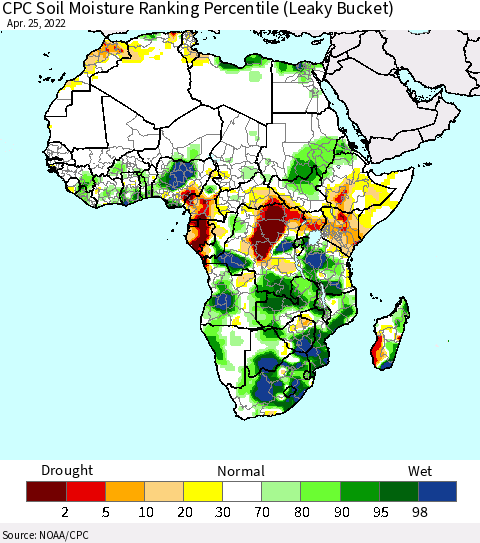 Africa CPC Soil Moisture Ranking Percentile (Leaky Bucket) Thematic Map For 4/21/2022 - 4/25/2022