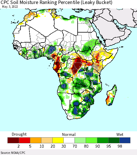 Africa CPC Calculated Soil Moisture Ranking Percentile Thematic Map For 5/1/2022 - 5/5/2022