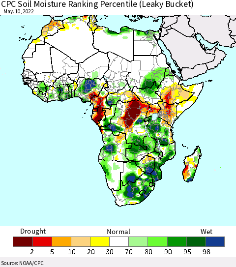 Africa CPC Soil Moisture Ranking Percentile (Leaky Bucket) Thematic Map For 5/6/2022 - 5/10/2022