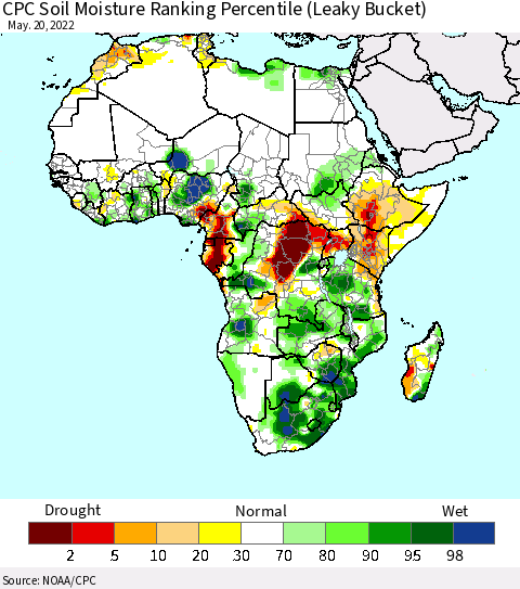 Africa CPC Calculated Soil Moisture Ranking Percentile Thematic Map For 5/16/2022 - 5/20/2022