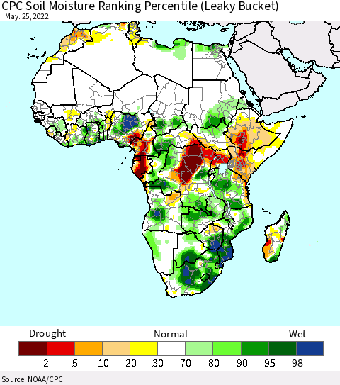 Africa CPC Calculated Soil Moisture Ranking Percentile Thematic Map For 5/21/2022 - 5/25/2022