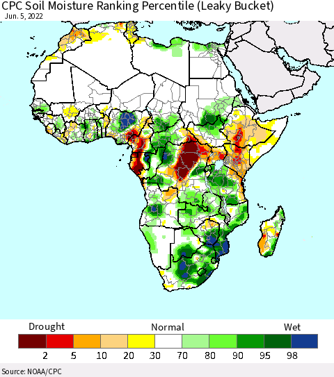 Africa CPC Soil Moisture Ranking Percentile (Leaky Bucket) Thematic Map For 6/1/2022 - 6/5/2022