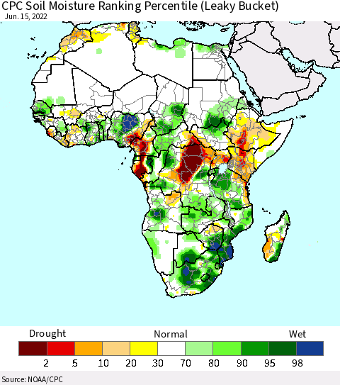 Africa CPC Soil Moisture Ranking Percentile (Leaky Bucket) Thematic Map For 6/11/2022 - 6/15/2022