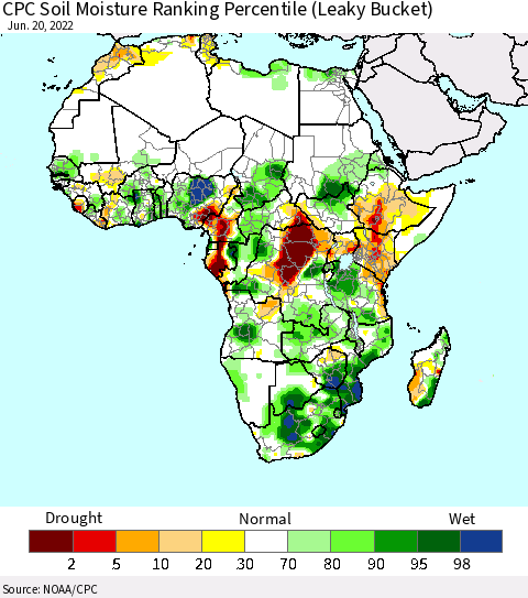Africa CPC Soil Moisture Ranking Percentile (Leaky Bucket) Thematic Map For 6/16/2022 - 6/20/2022