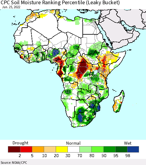 Africa CPC Calculated Soil Moisture Ranking Percentile Thematic Map For 6/21/2022 - 6/25/2022