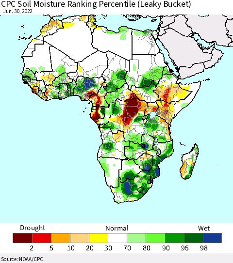 Africa CPC Calculated Soil Moisture Ranking Percentile Thematic Map For 6/26/2022 - 6/30/2022