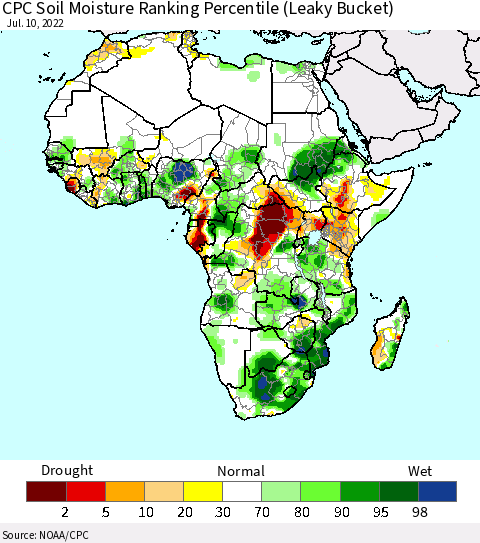 Africa CPC Calculated Soil Moisture Ranking Percentile Thematic Map For 7/6/2022 - 7/10/2022