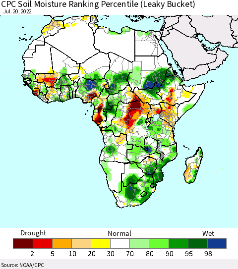 Africa CPC Calculated Soil Moisture Ranking Percentile Thematic Map For 7/16/2022 - 7/20/2022