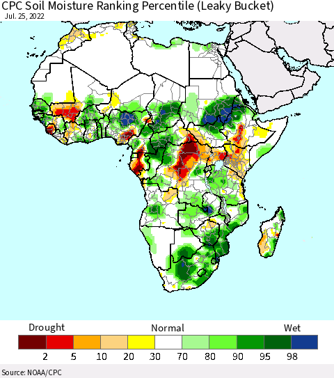 Africa CPC Soil Moisture Ranking Percentile (Leaky Bucket) Thematic Map For 7/21/2022 - 7/25/2022