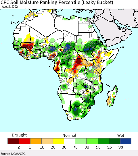 Africa CPC Soil Moisture Ranking Percentile (Leaky Bucket) Thematic Map For 8/1/2022 - 8/5/2022