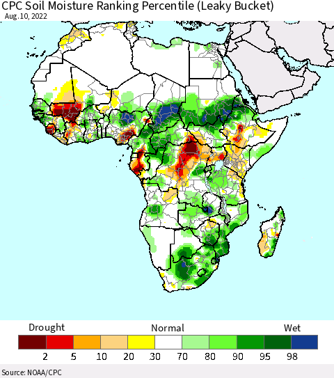 Africa CPC Soil Moisture Ranking Percentile (Leaky Bucket) Thematic Map For 8/6/2022 - 8/10/2022