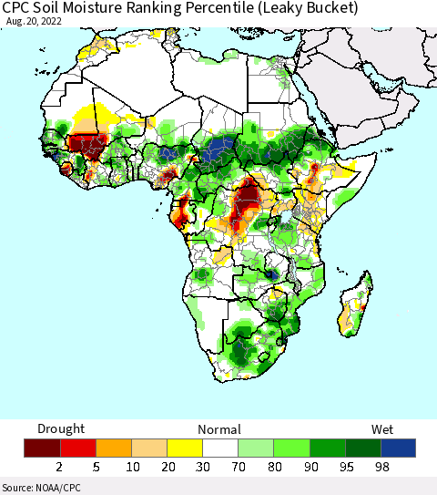 Africa CPC Calculated Soil Moisture Ranking Percentile Thematic Map For 8/16/2022 - 8/20/2022