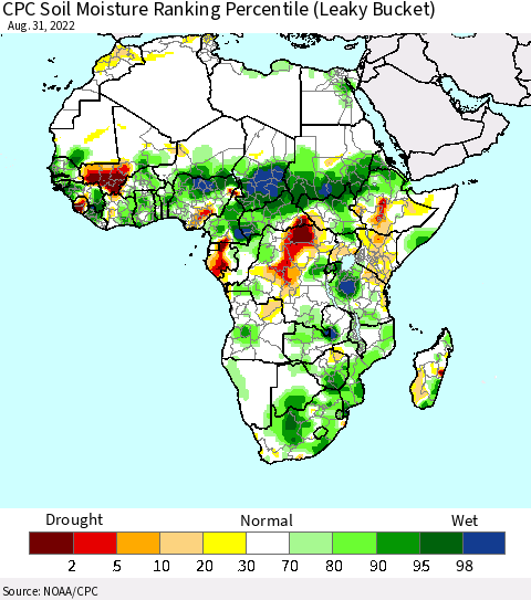Africa CPC Calculated Soil Moisture Ranking Percentile Thematic Map For 8/26/2022 - 8/31/2022